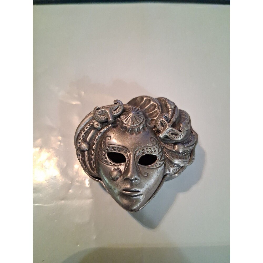 Vintage Torino Pewter Trinket Set Mardi Gras Mask Brooch Earrings Pendant